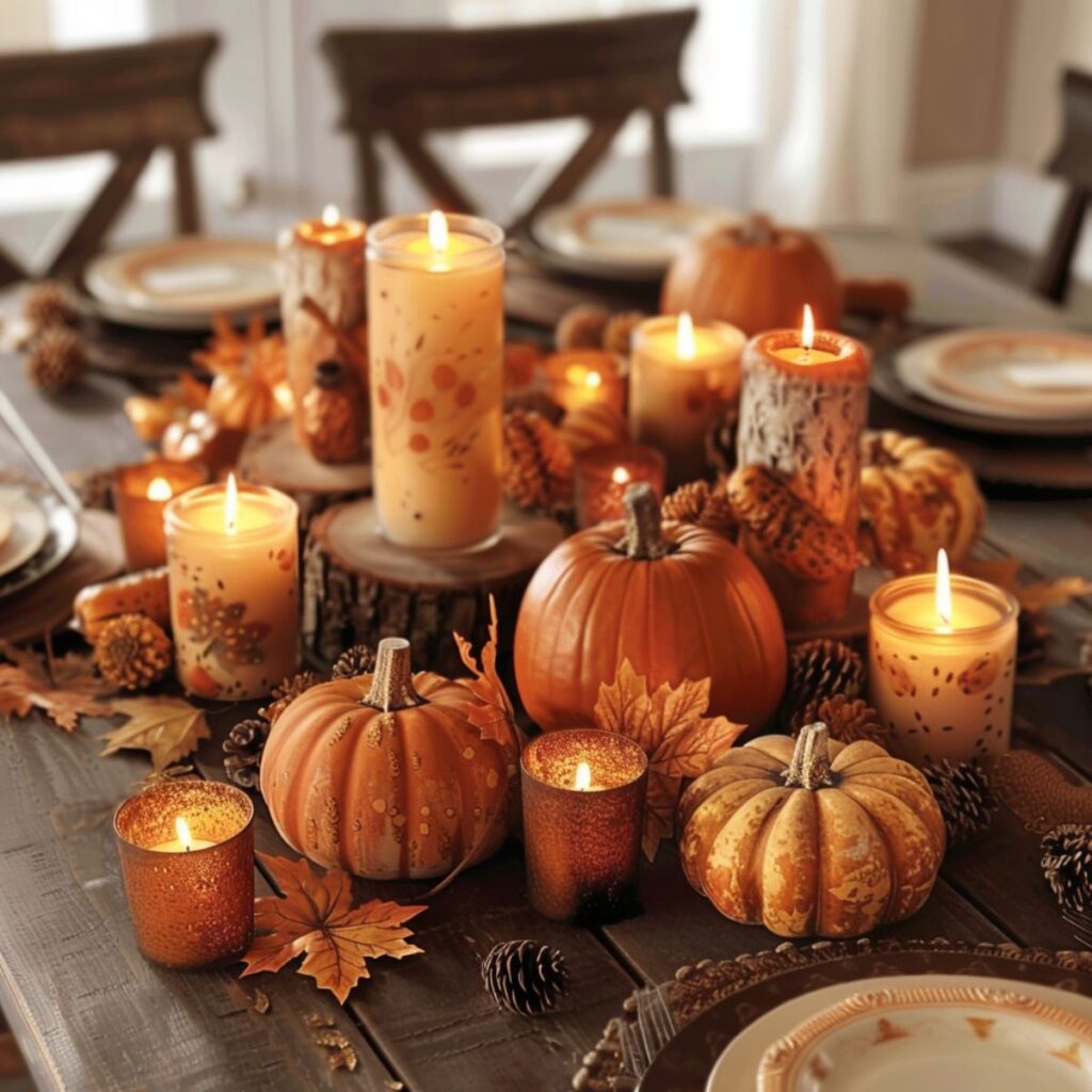 Table with candles and pumpkins.