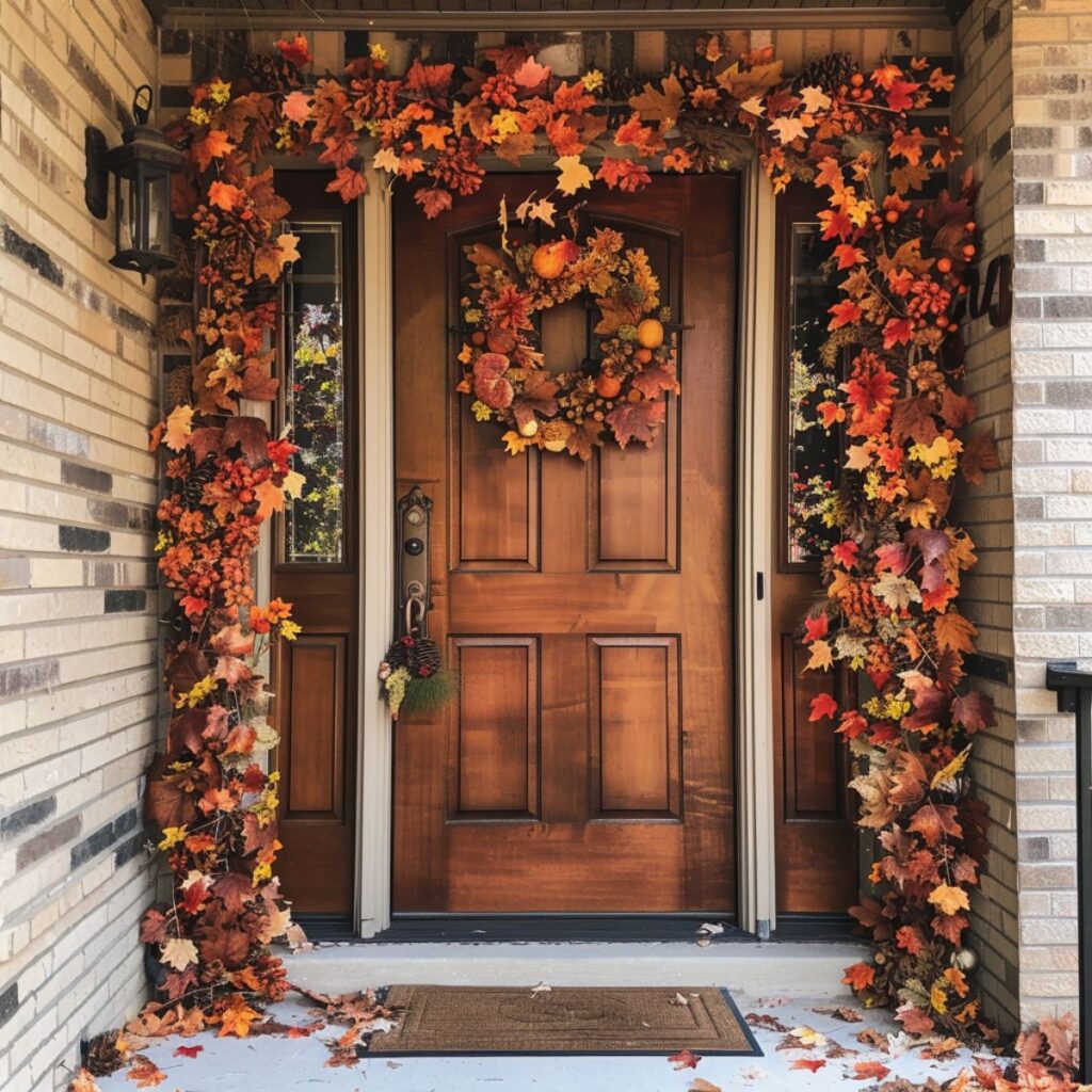 Front door with a fall wreath and fall garland.
