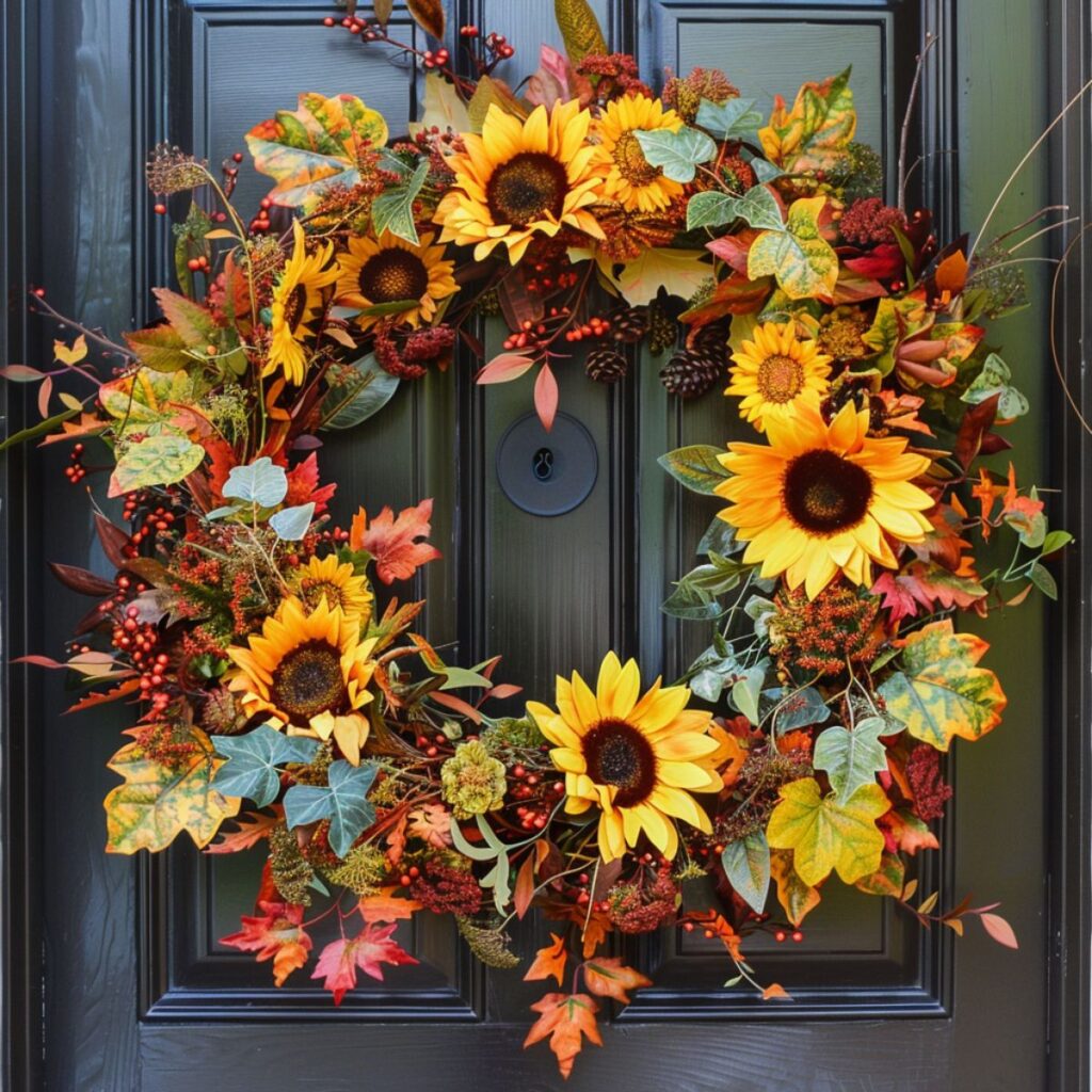 Fall wreath on a froth door. 