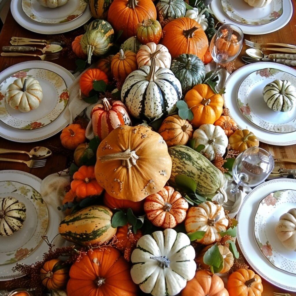 Table set with a centerpiece of pumpkins. 