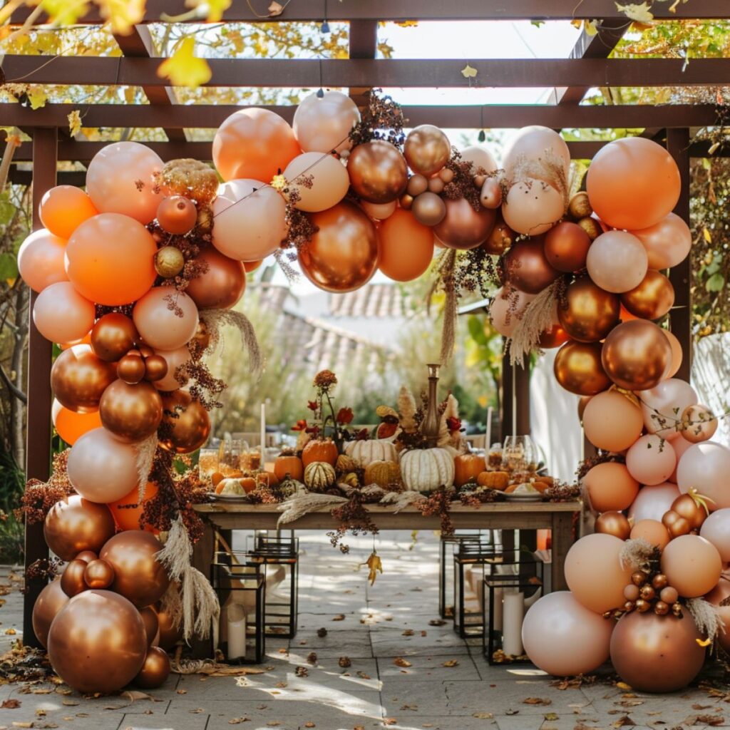 Fall colored balloon arch over a party table. 