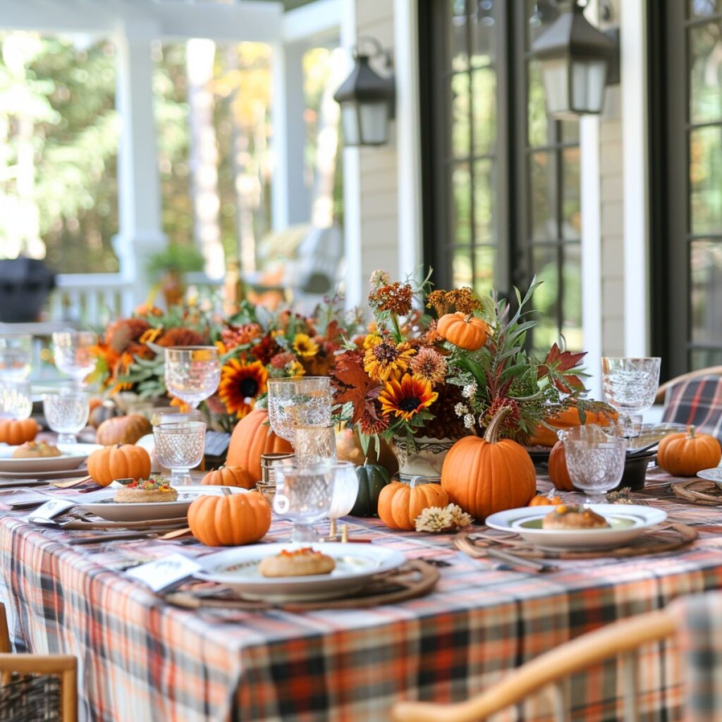 Table set with a plaid tablecloth, plates, and pumpkins. 