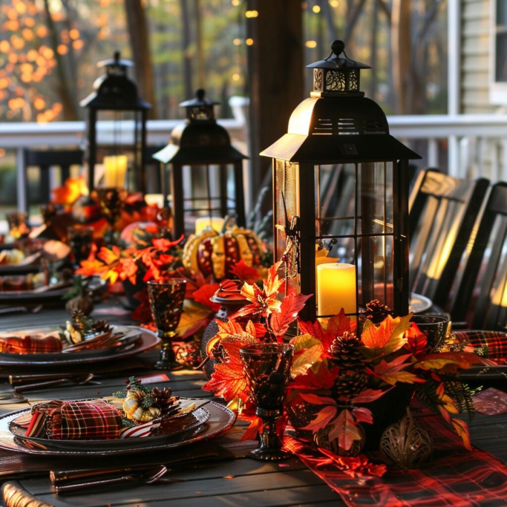 Table set with fall leaves and black lanterns. 