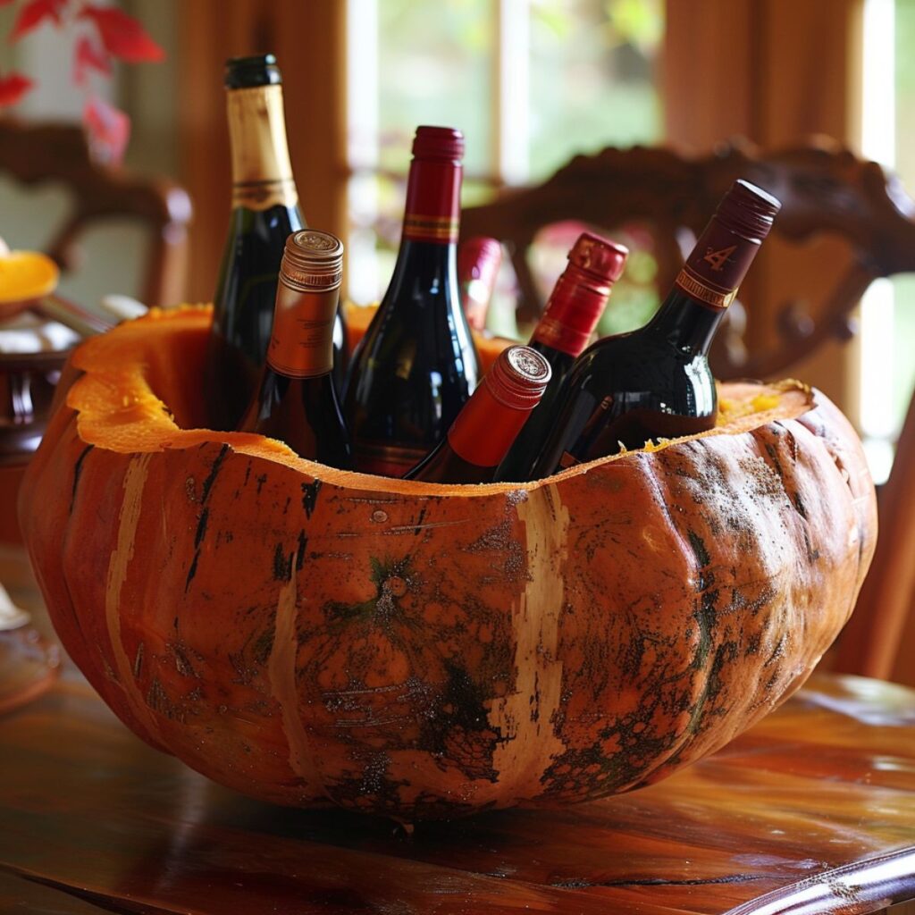 Hollowed out pumpkin used as a wine bottle holder. 