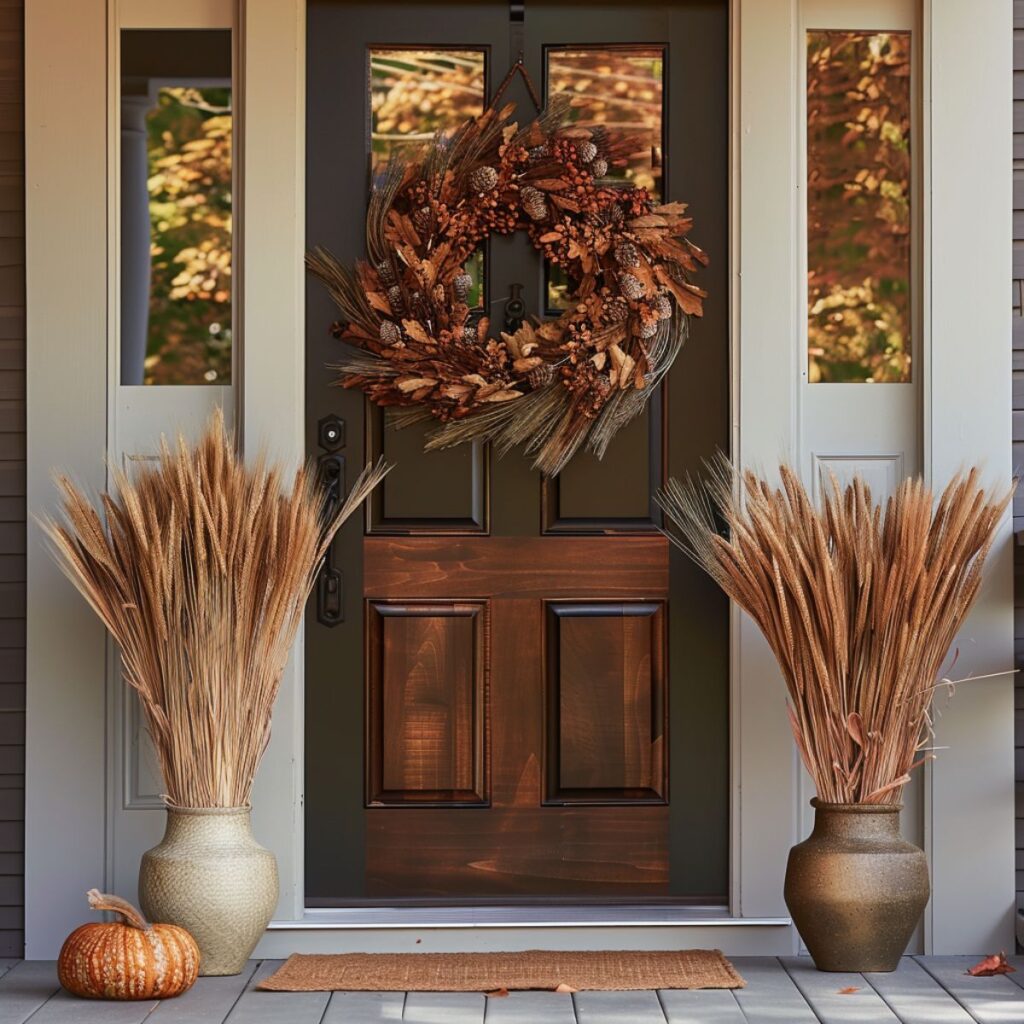 Front door with a fall wreath and wheat bundles.