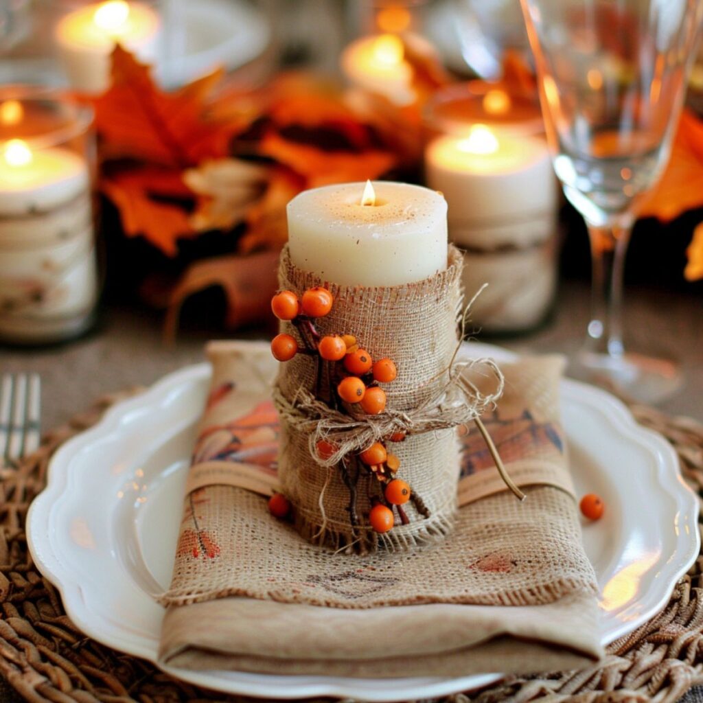 Candle wrapped in burlap on a plate on a fall themed table. 