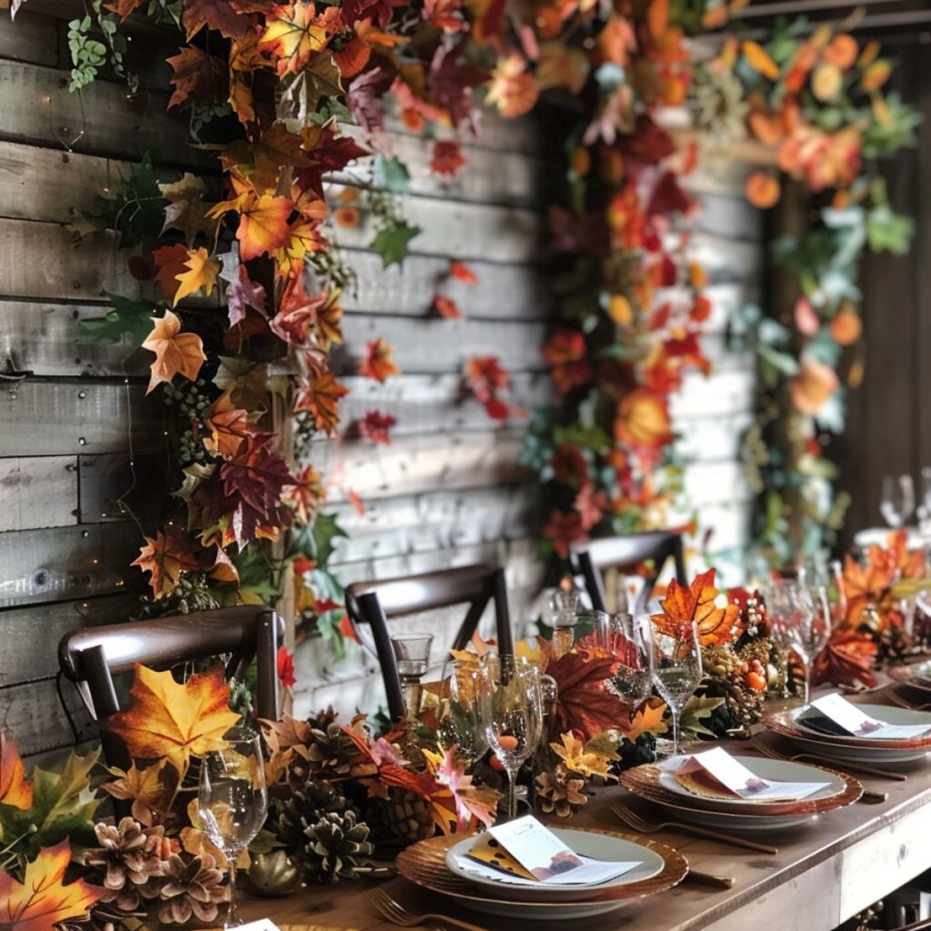 Table surrounded by leaf garland. 