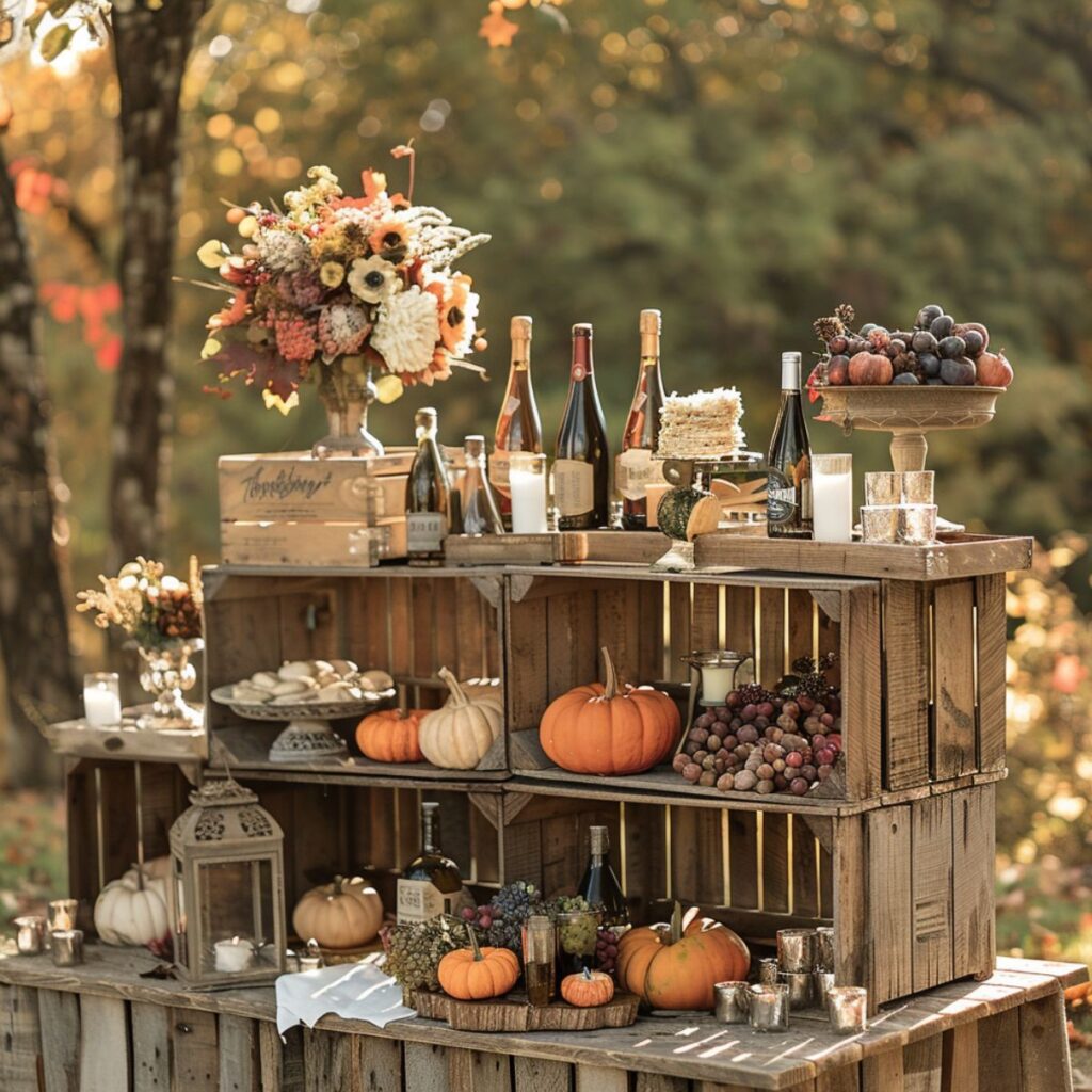 Wooden crates with pumpkins and wine bottles. 