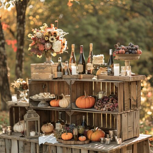 Wooden crates with pumpkins and wine bottles.