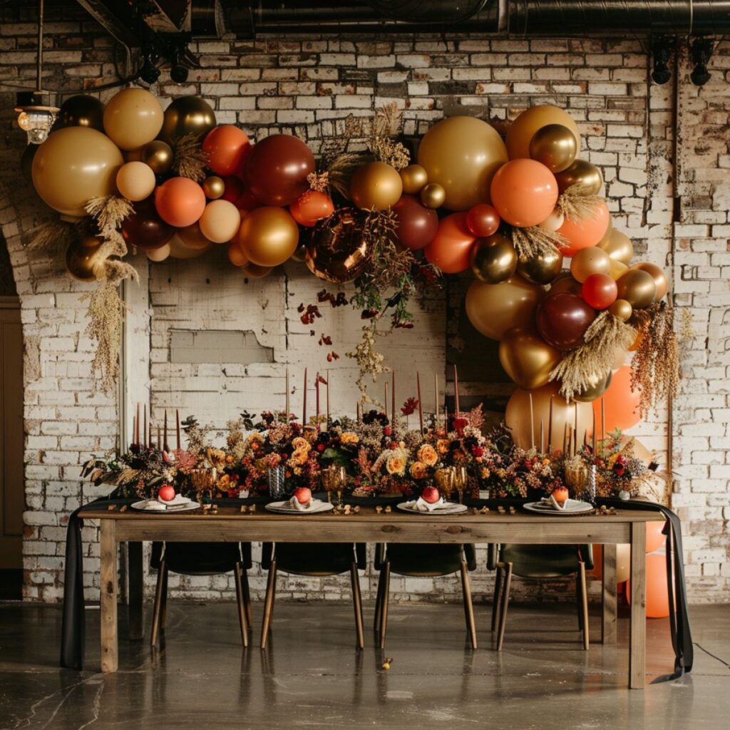 A fall party table with gold and maroon balloons. 