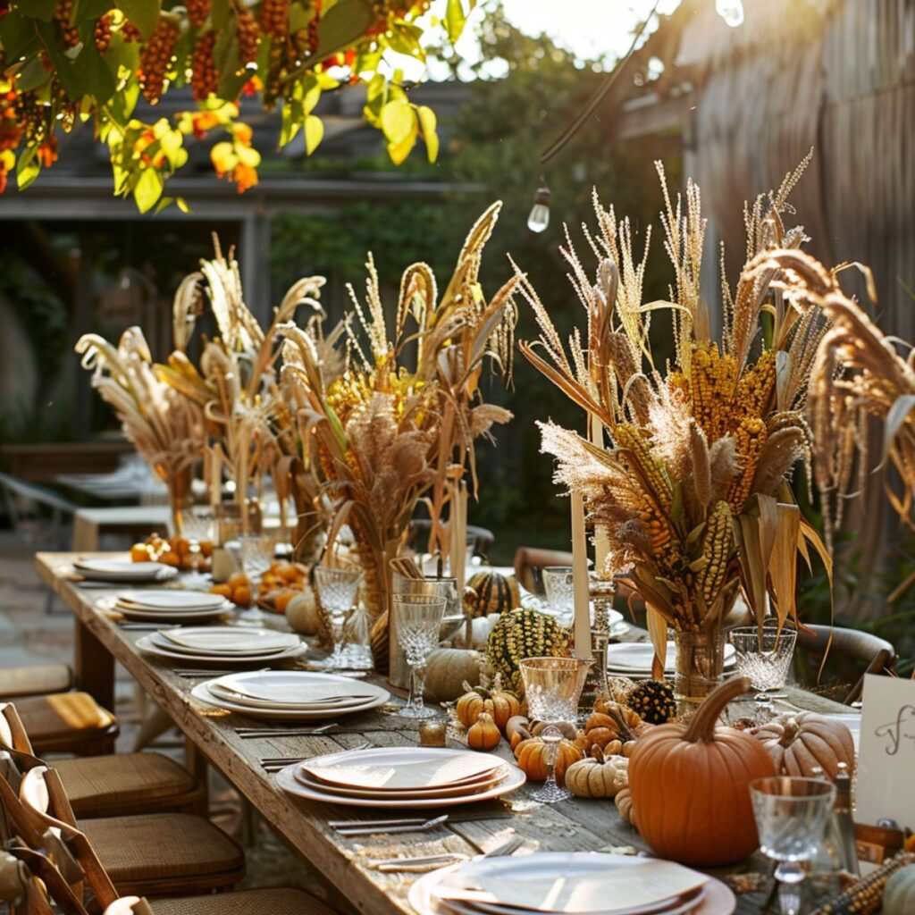 Outside table set with plates and corn husk centerpiece.