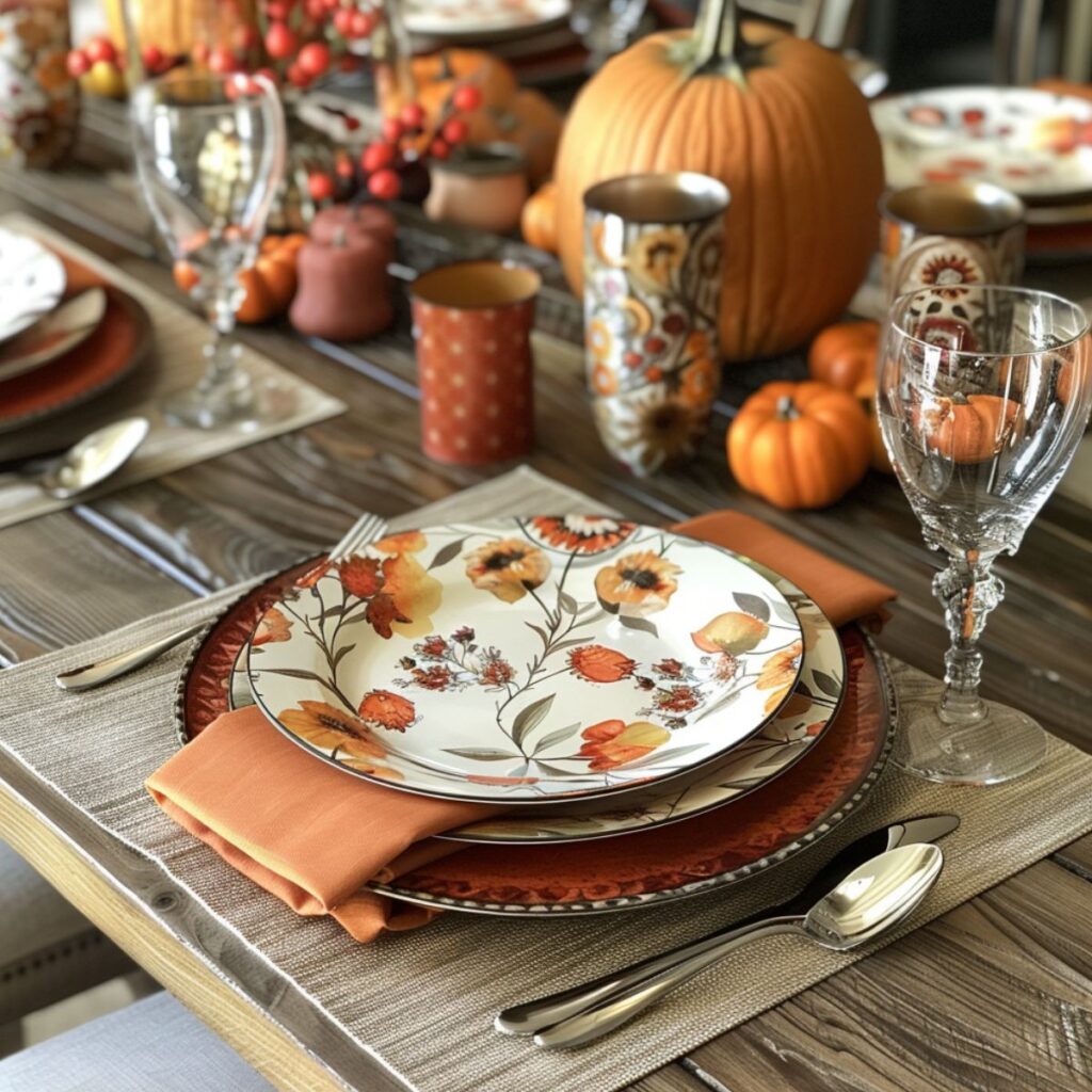 Table with a fall themed plate and pumpkins. 