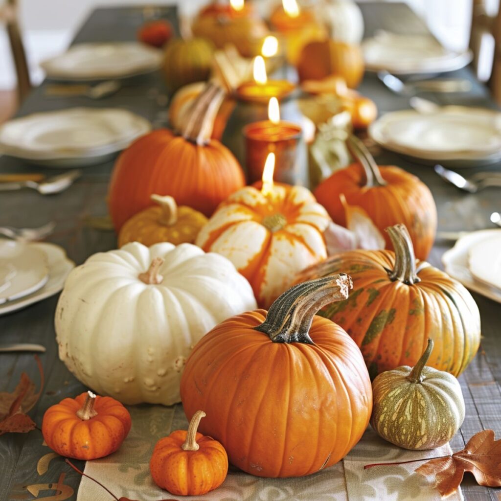 Table with pumpkins as a centerpiece.