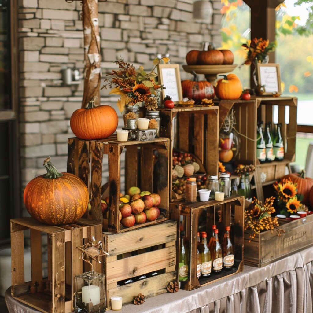 Crates with pumpkins and bottles on top. 