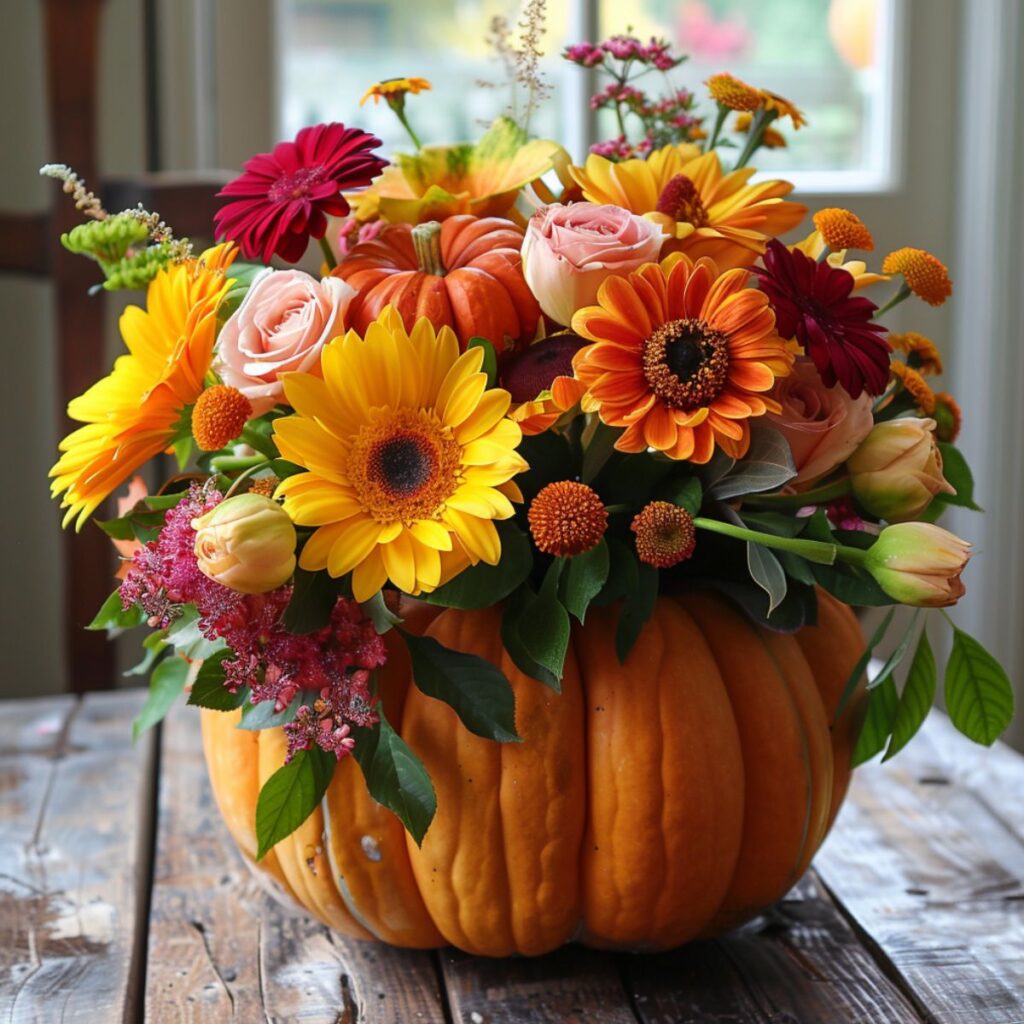 Pumpkin vase with fall flowers. 