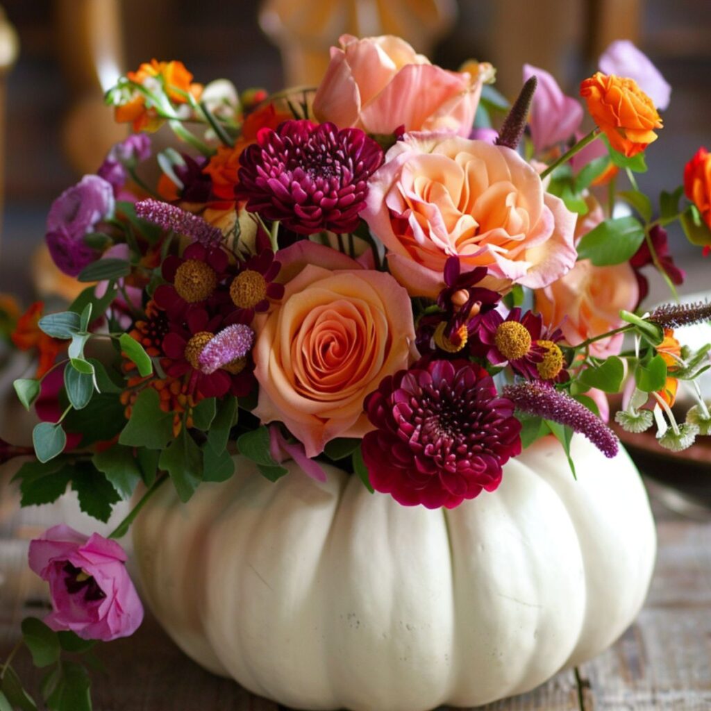 White pumpkin vase filled with fall flowers. 