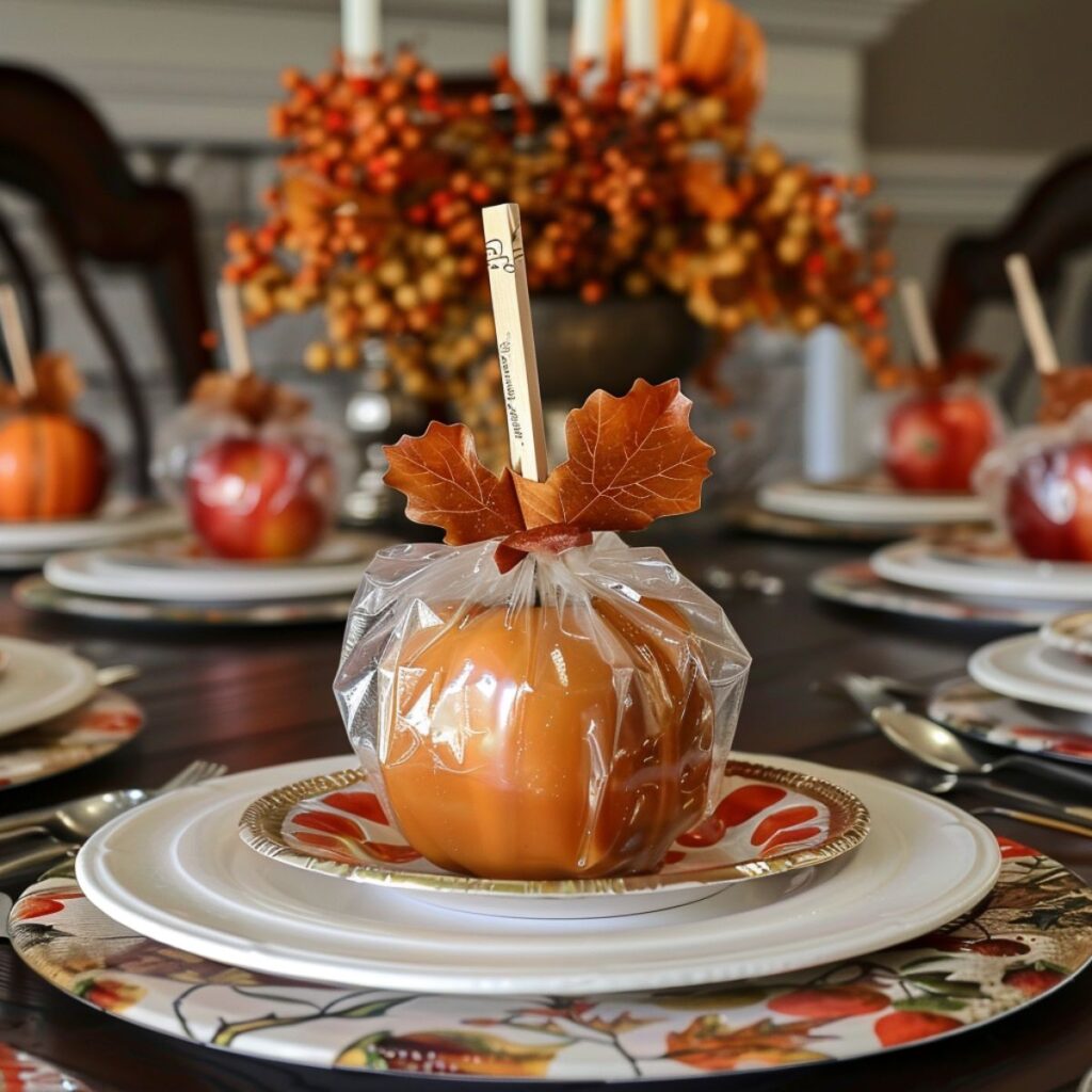 Fall plate with a caramel apple on top. 