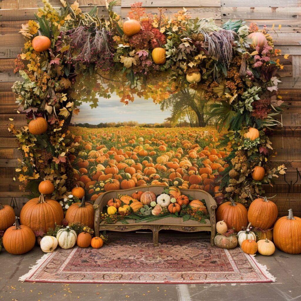 Fall themed photo booth background with pumpkins. 