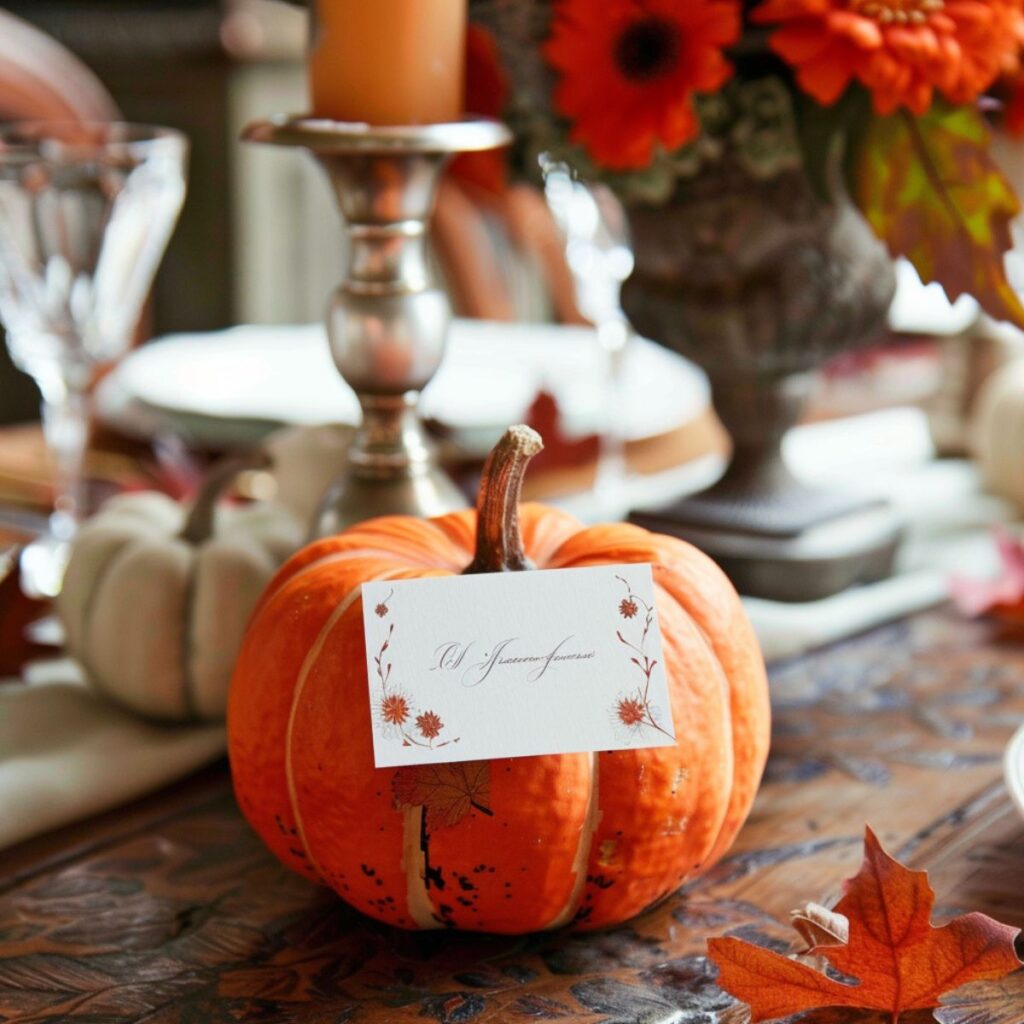 Small pumpkin on a table with a place card. 