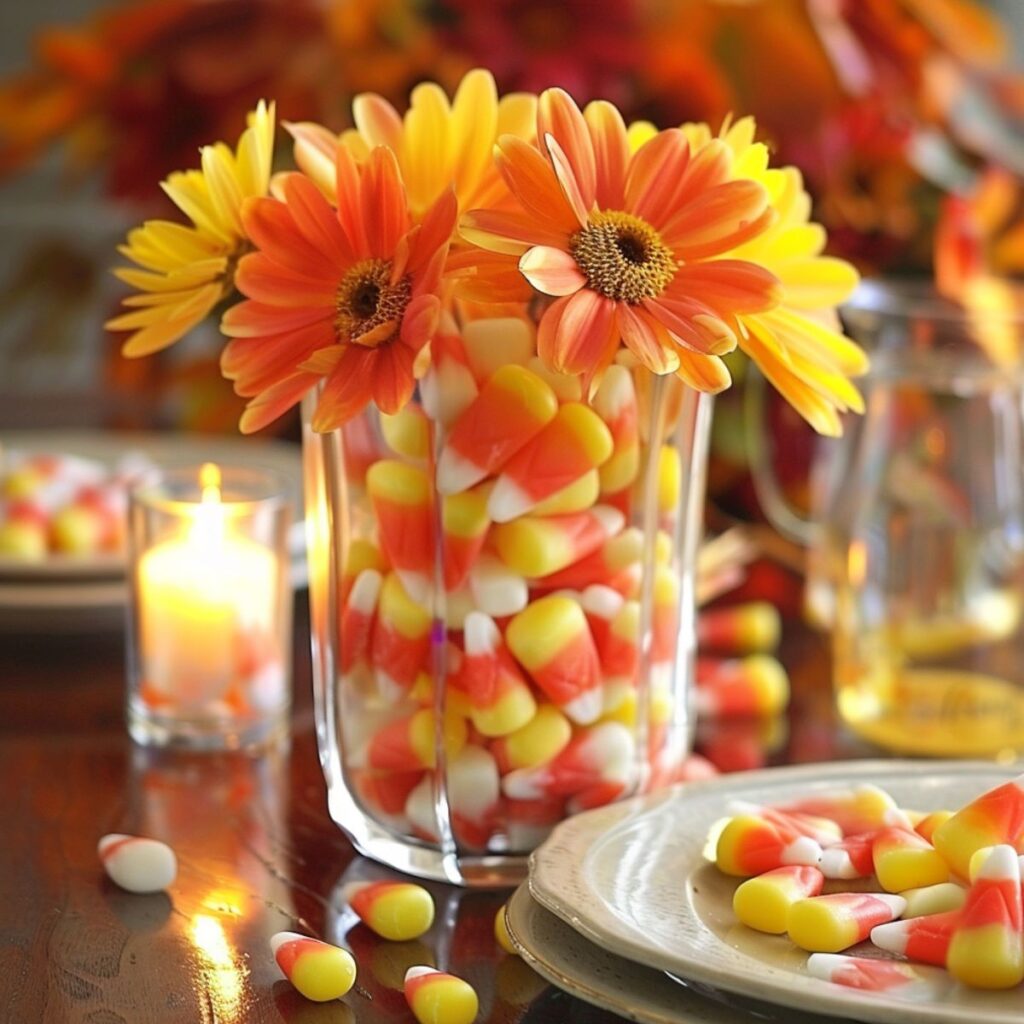 Vase filled with candy corns and flowers. 