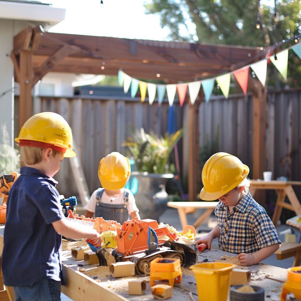 Kids with construction helmets playing with toy trucks. 