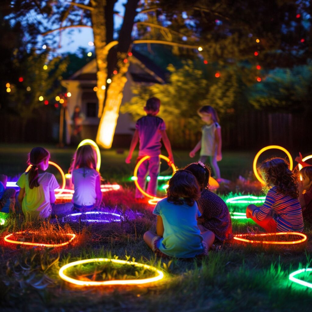 Kids in a yard with glow sticks. 