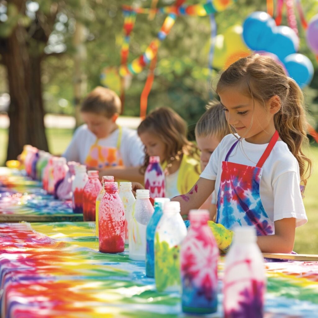 Kids at a party making tie-dye shirts.