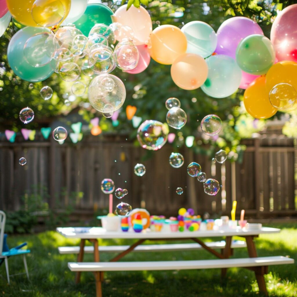 Backyard with a table decorated for a bubble party. 