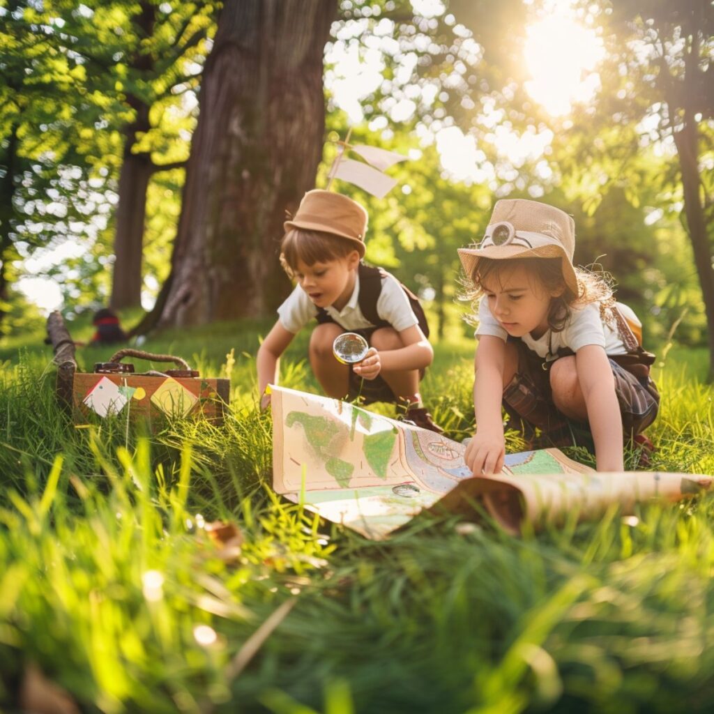 Kids outside doing a treasure hunt.