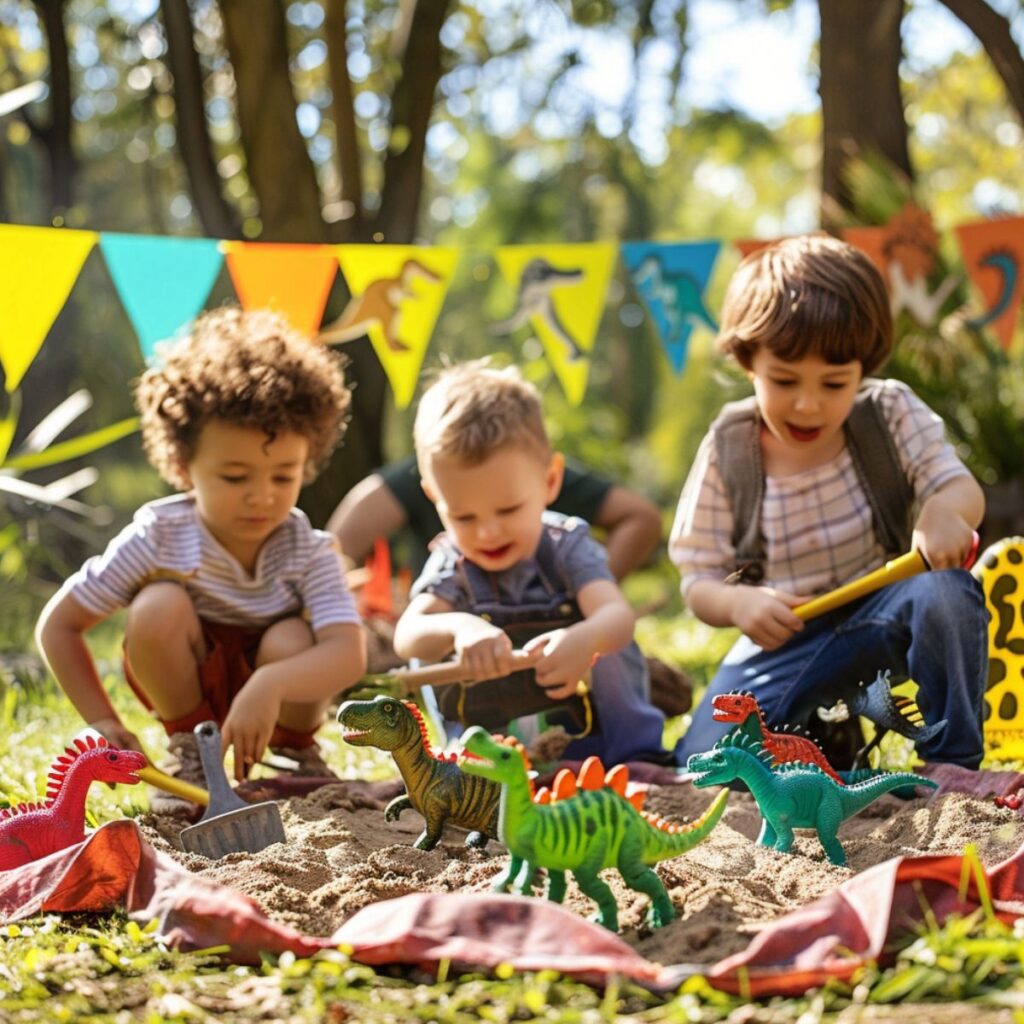 Boys playing outside with toy dinosaurs. 