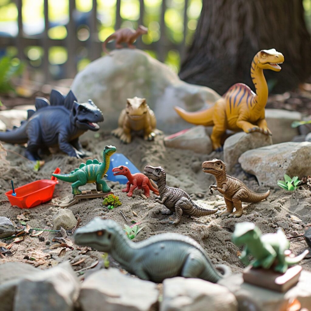 Sand pit with toy dinosaurs.
