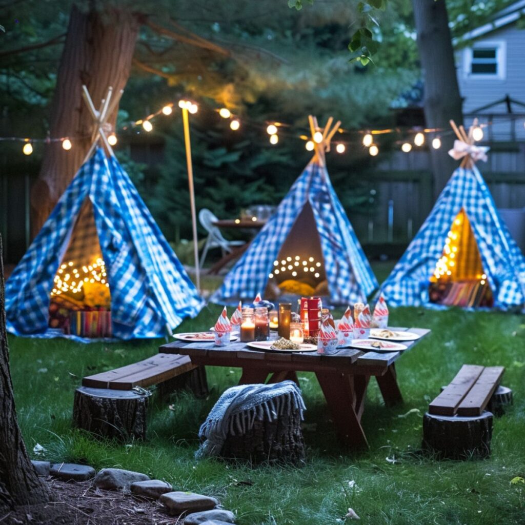 Three tents in a backyard for a camping party. 