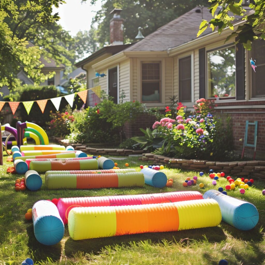 Backyard obstacle course with banners. 