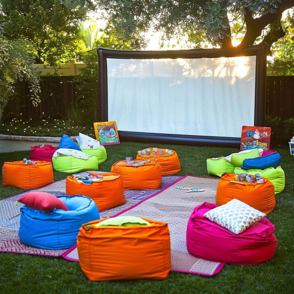 Backyard with colorful bean bags and a movie screen. 