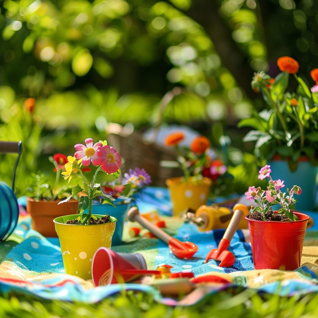 Backyard with a picnic blanket and potted flowers. 