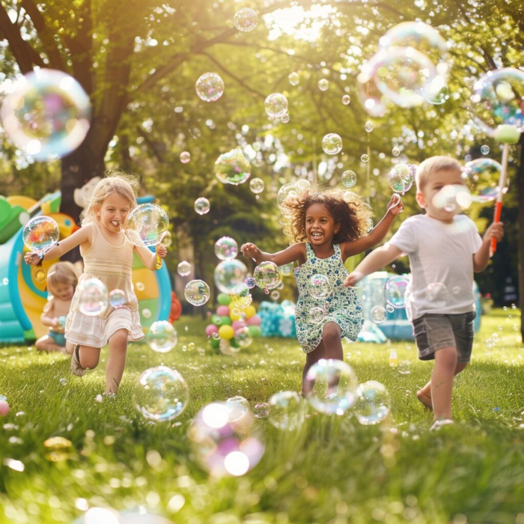 Kids outside with bubbles.