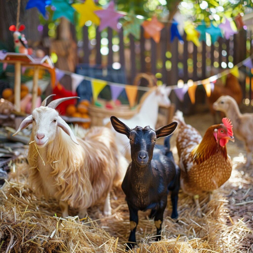 Goats and chicken at a petting zoo party. 