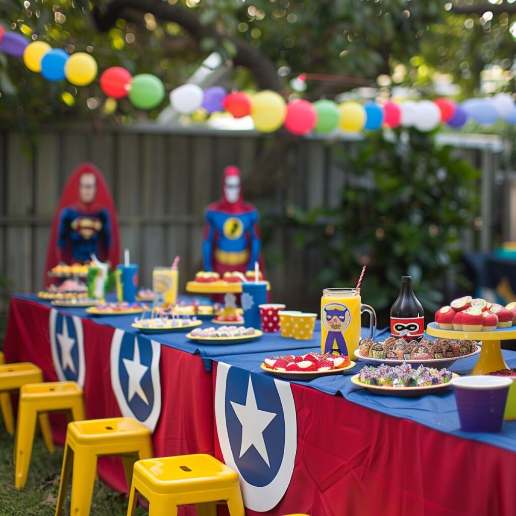 Party table outside decorated in a superhero theme. 