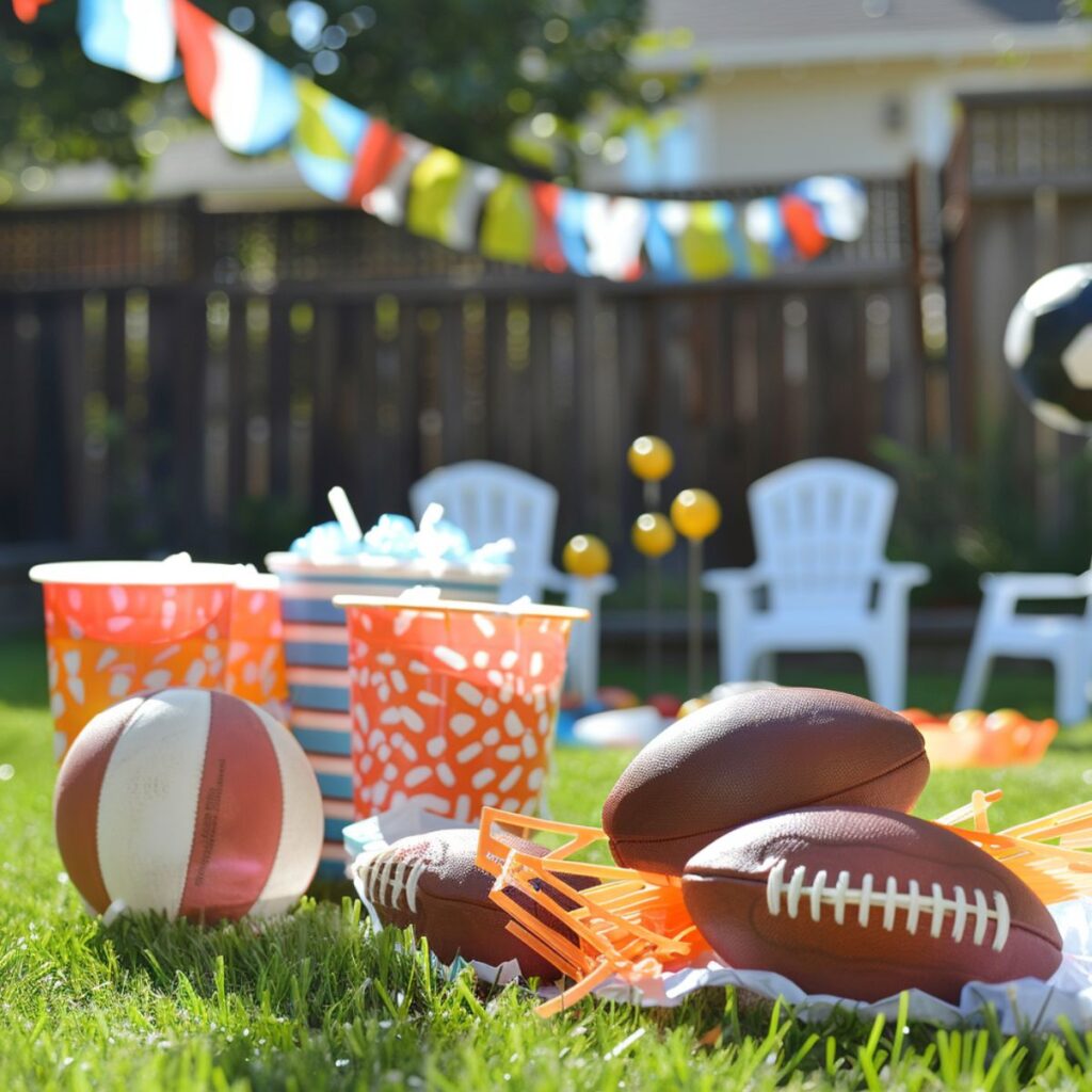 Basketball, footballs, and other balls in a backyard. 