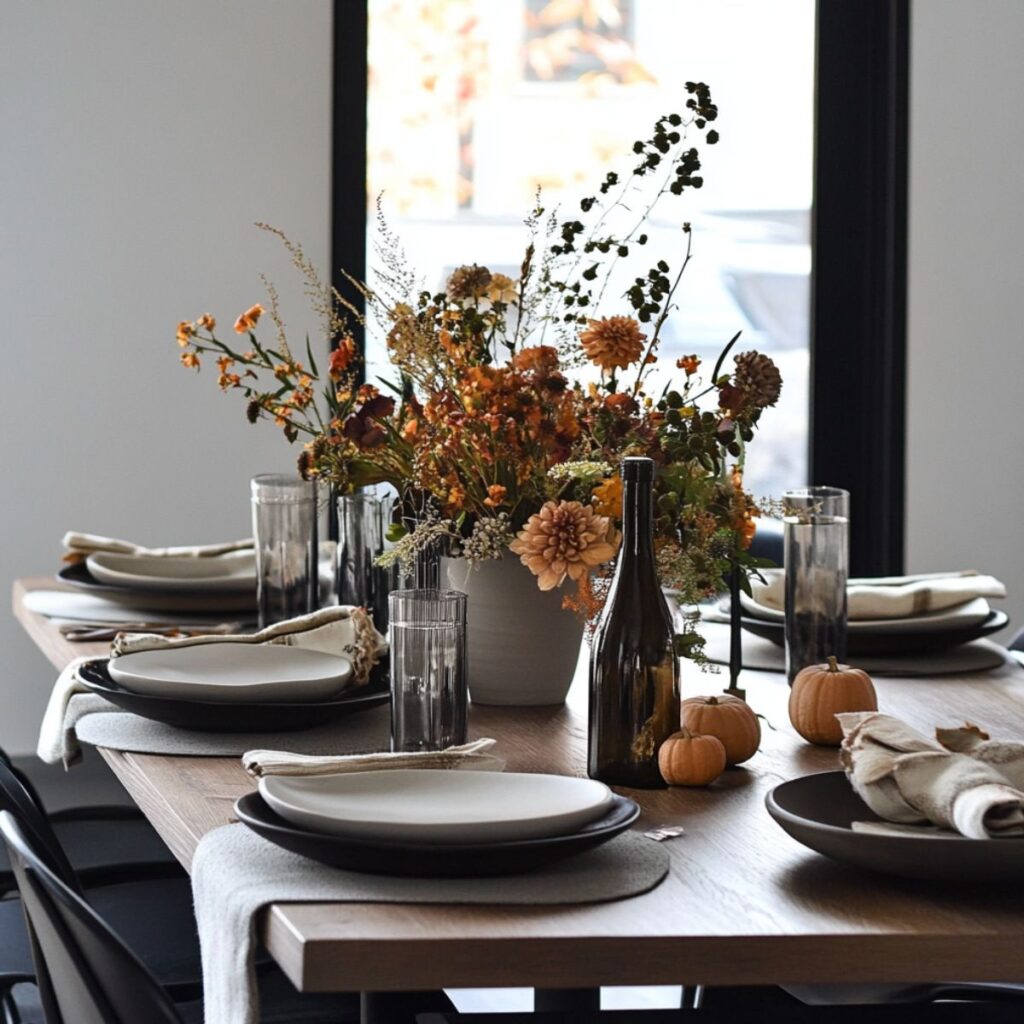 A table with a modern table setting for Thanksgiving.