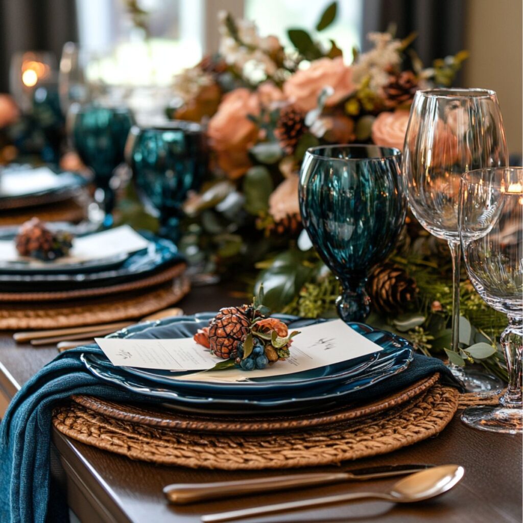 Table set for Thanksgiving with teal glasses and napkins. 