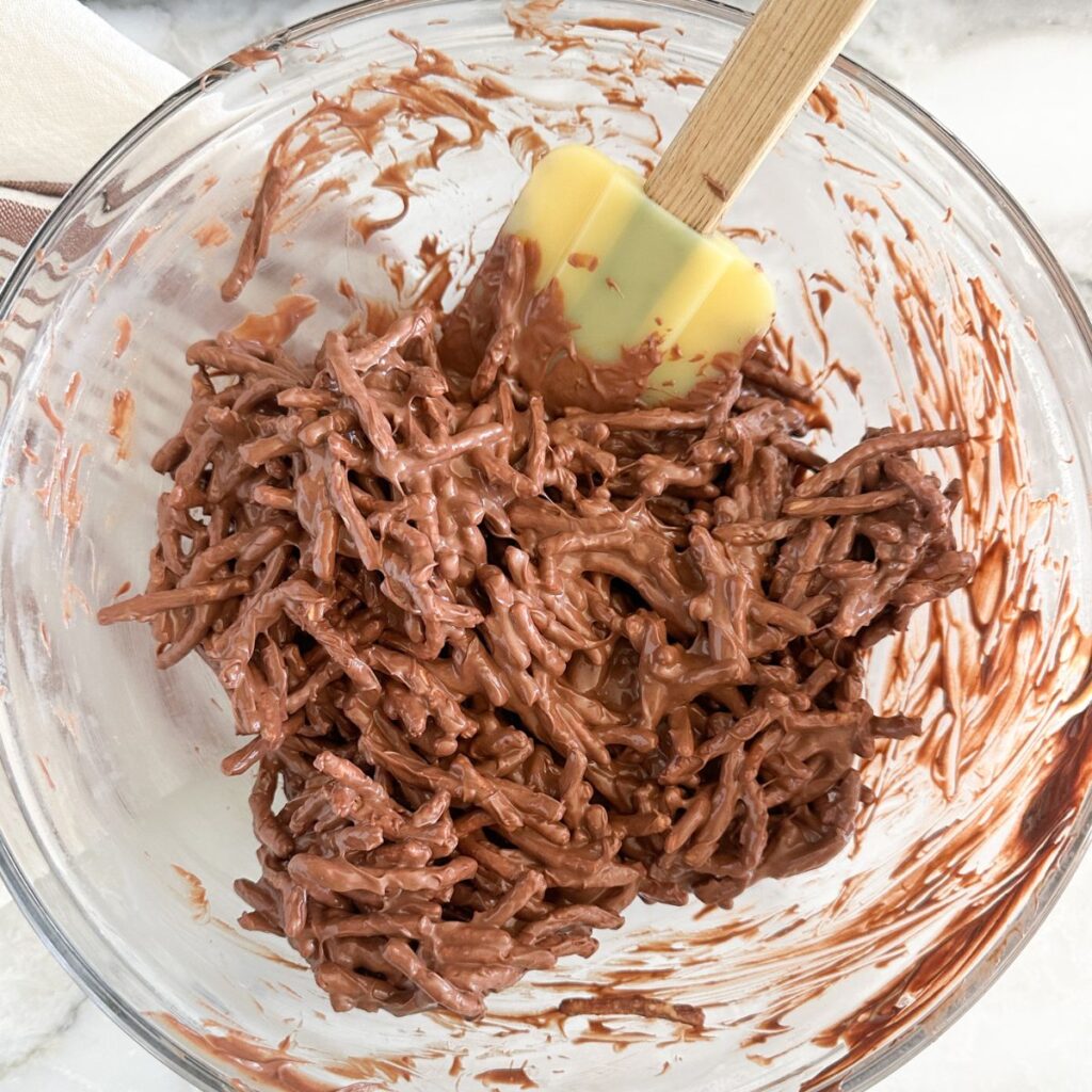 Bowl of chocolate covered chow mein noodles. 