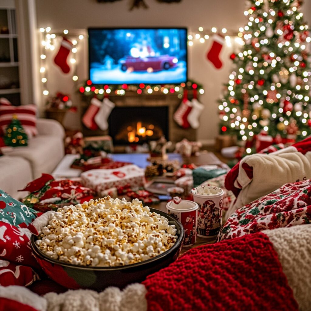 A cozy living room decorated for christmas and a bowl of popcorn.