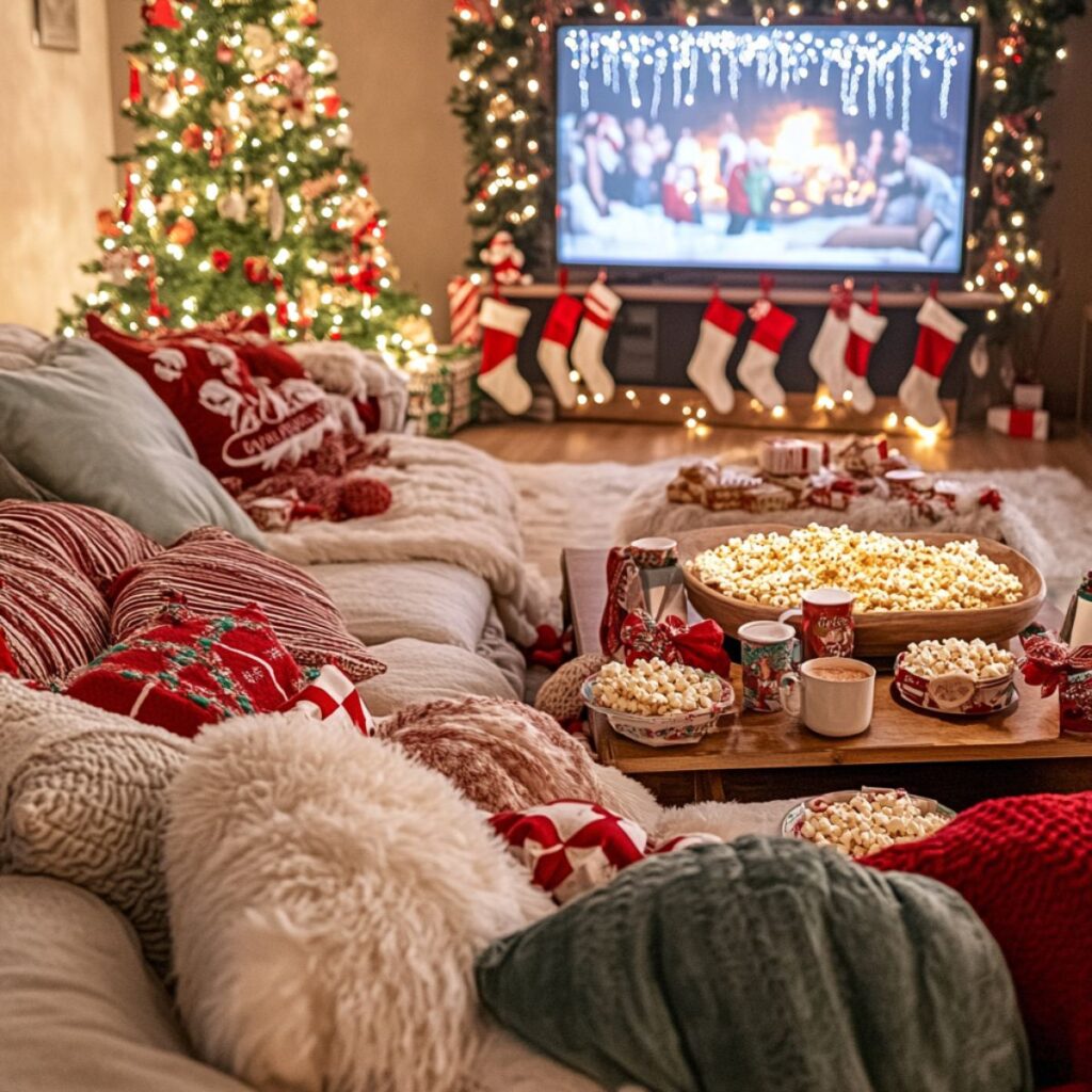 A living room couch with christmas pillows and blankets. 