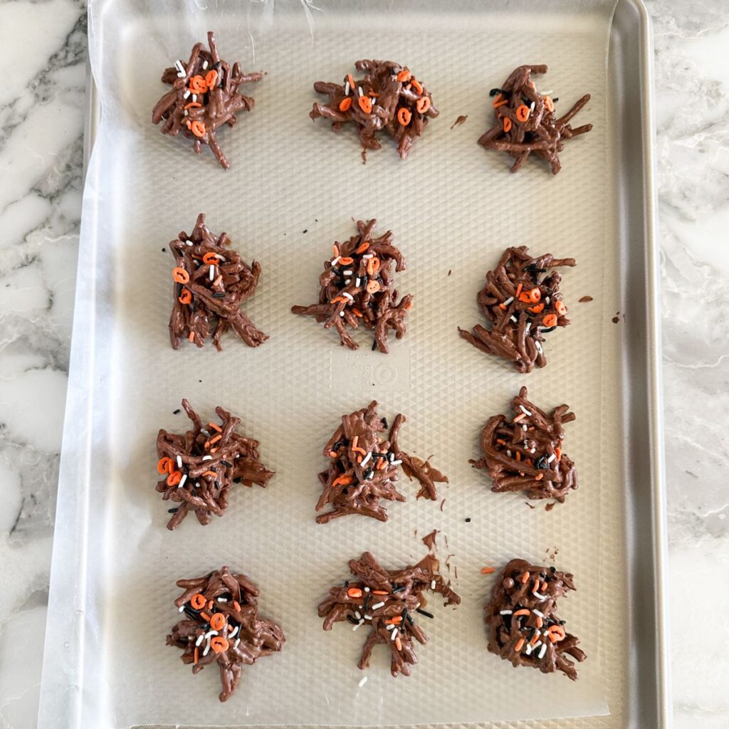 Sheet pan with chocolate haystacks. 