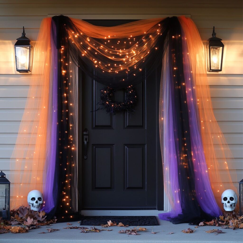 Front door with orange and purple mesh around the door for halloween.