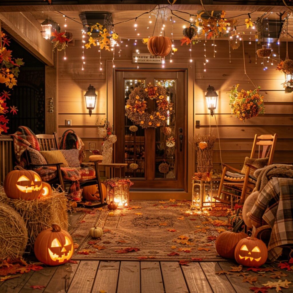 Front porch decorated with cozy halloween decorations. 