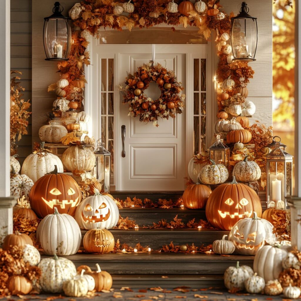 A front porch decorated with white and orange pumpkins. 