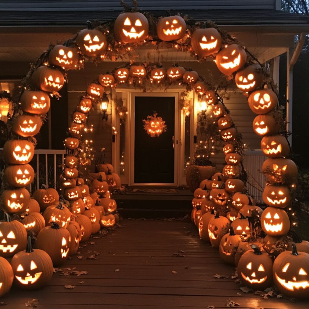 Jack o lantern arch in front of a house.
