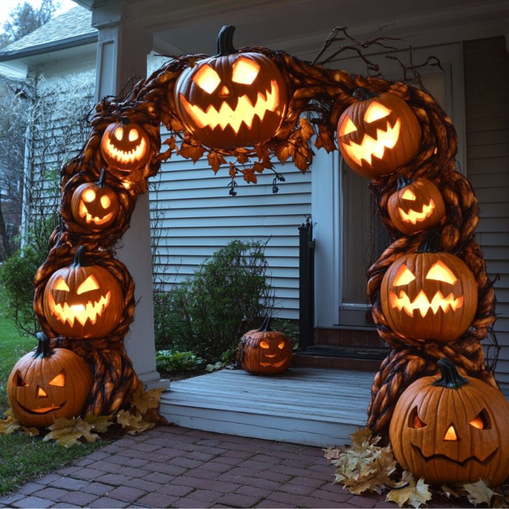 A jack o lantern arch in front of a front porch.